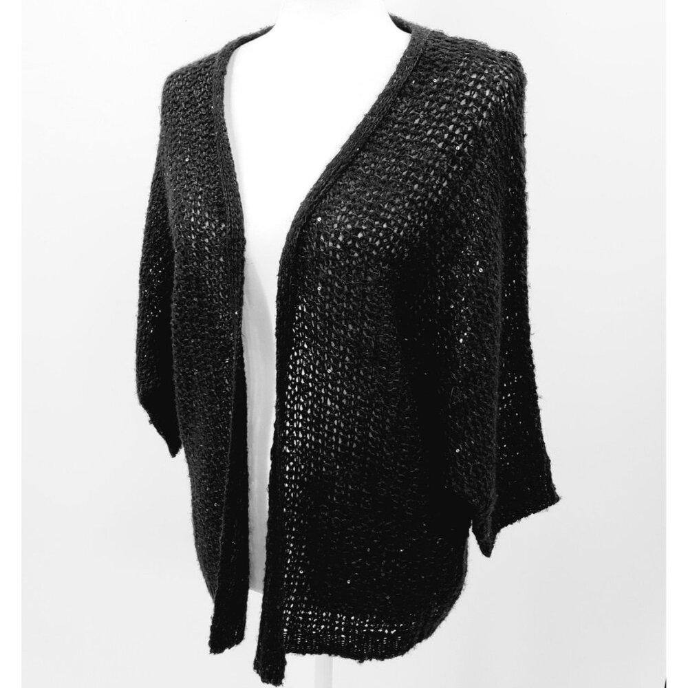 Vintage KIKIT Cardigan Sweater Womens S Black Open Knit Sequins Dolman Sleeve
